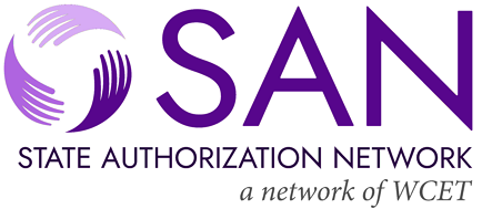 Logo for SAN: State Authorization Network. A network of WCET.