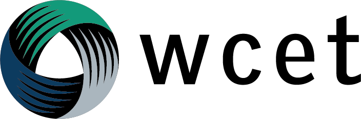 WCET logo with navy, teal, and gray swirl